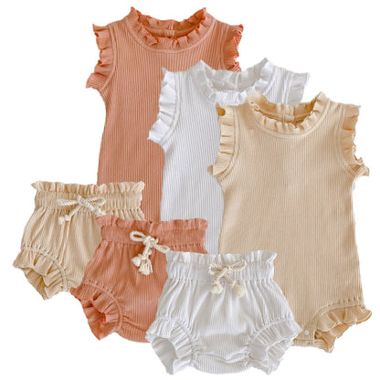 Baby Pit Thread Crawling Clothes Spring/Summer Wooden Ear Edge Girls' Harper+Drawstring Big PP Pants Set
