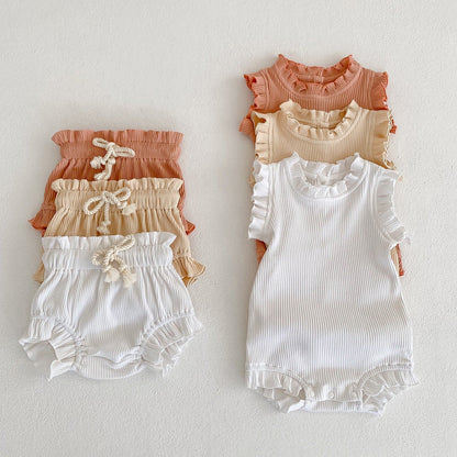Baby Pit Thread Crawling Clothes Spring/Summer Wooden Ear Edge Girls' Harper+Drawstring Big PP Pants Set