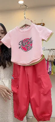 Summer Baby Girl Fashion T-Shirt and Cargo Pants Set - # GIAA212310017